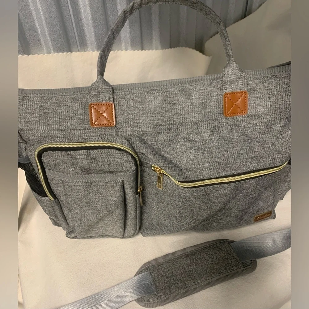 Rabjen Gray Diaper Tote Bag Large Multifunction Travel Baby Bag NWOT